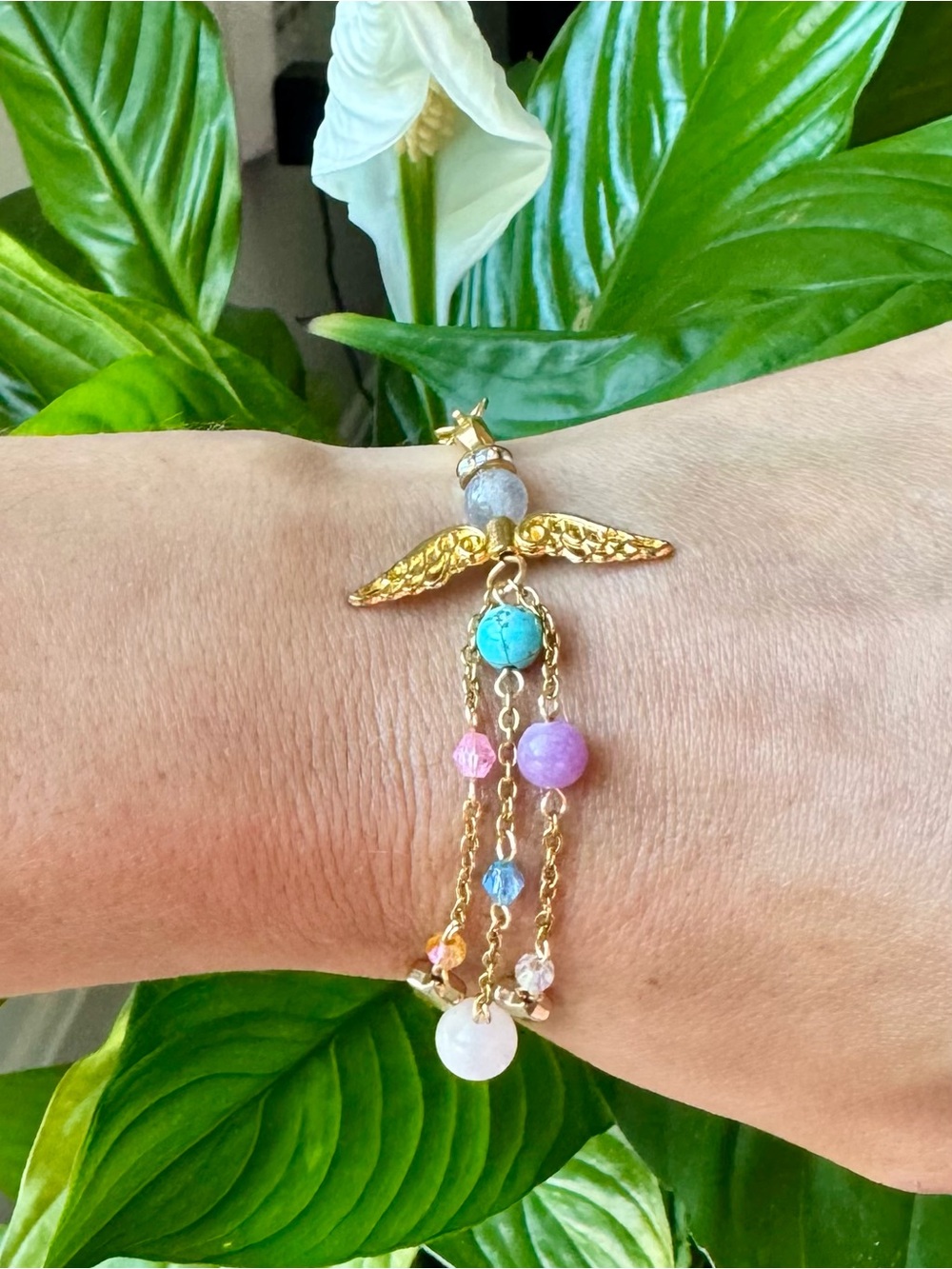 Handmade MULTI GEMSTONE Guardian Angel GOLD 3 Strand Bracelet